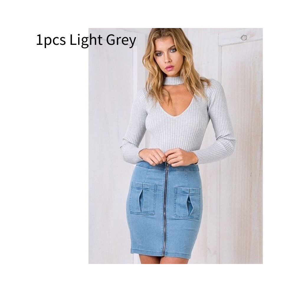 (Light Grey, M) Tight Women Blouse Polyester Material Solid Color V Neck Sleeves Long Jumpsuit-image-OPC-PH5FZB5-NEW