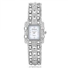 (White) Watch Square Dial With Quartz Movement Alloy Strap Set Rhinestone Silver Color