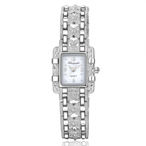 (White) Watch Square Dial With Quartz Movement Alloy Strap Set Rhinestone Silver Color