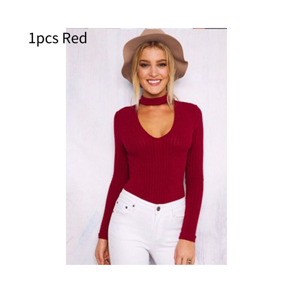 (Red, M) Tight Women Blouse Polyester Material Solid Color V Neck Long Sleeves Jumpsuit-image-OPC-PH5FZSH-NEW