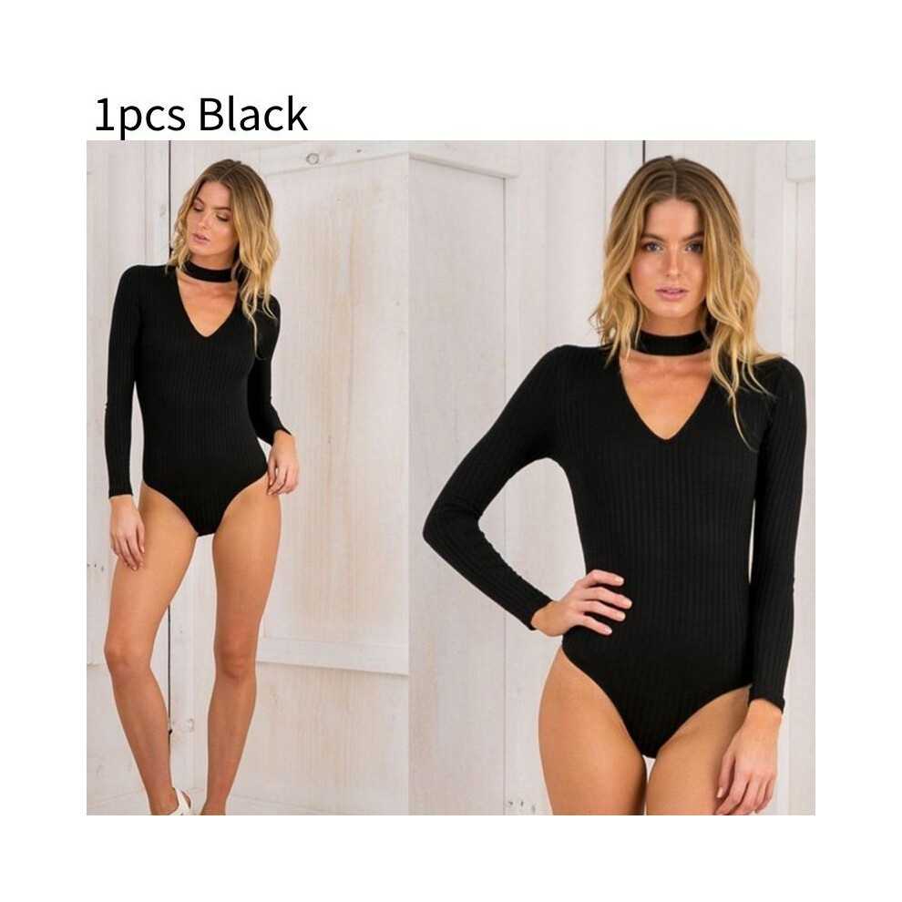 (Black, S) Tight Women Blouse Polyester Material Solid Color V Neck Long Sleeves Jumpsuit-image-OPC-PH5FZRH-NEW