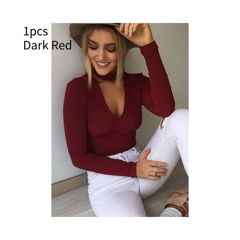 (Dark Red, L) Tight Women Blouse Polyester Material Solid Color V Neck Long Sleeves Jumpsuit-image-OPC-PH5FZSC-NEW