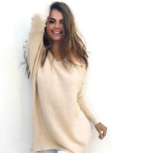 (Apricot, M) Autumn V Women Neck Long Sleeve Slim Fit Sweater Versatile Lightweight Slimming