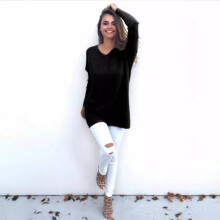 (Black, M) Autumn V Women Neck Long Sleeve Slim Fit Sweater Versatile Lightweight Slimming