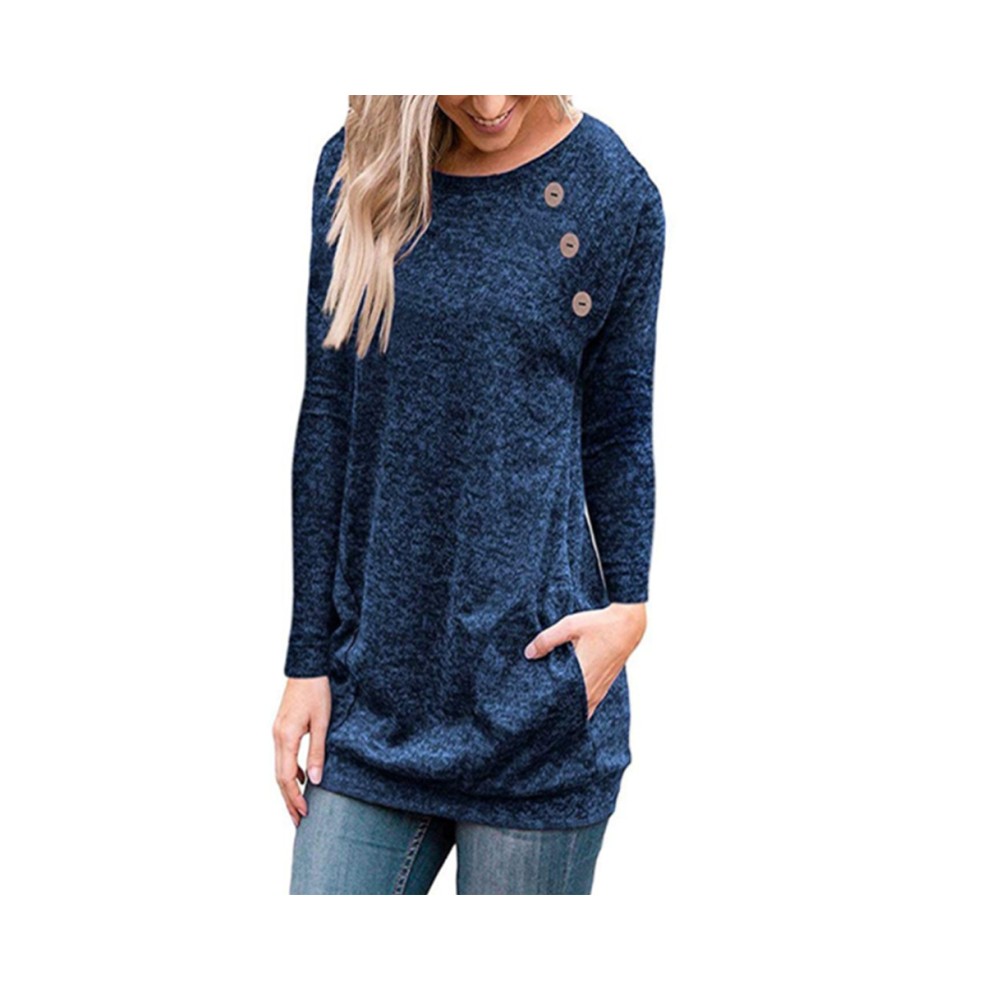 (NavyBlue, XL) Pullover Womens Long Sleeve Ladies Solid Button Sweatshirt Top Loose Jumper