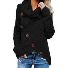 (Black, L) Chunky Cowl Women Neck Asymmetric Hem Knitted Sweater Coat Pullover Jumper