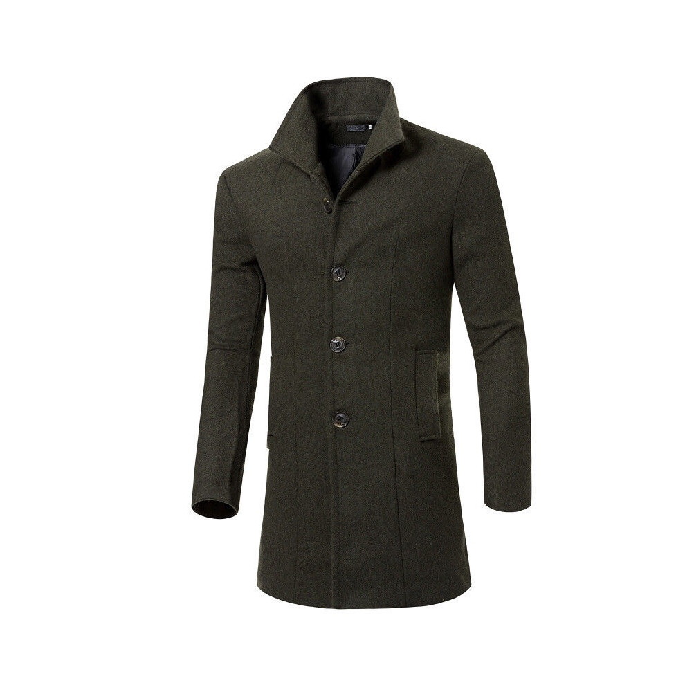 (Army green, L) Coat Trench Fashion Mens Jacket Winter Warm Wool Coat Long Outwear Overcoat