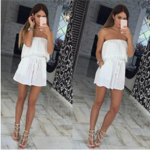 (White, M) Ladies Playsuit Jumpsuit Leaf Shorts Bandeau Elasticated Off Shoulder Summer
