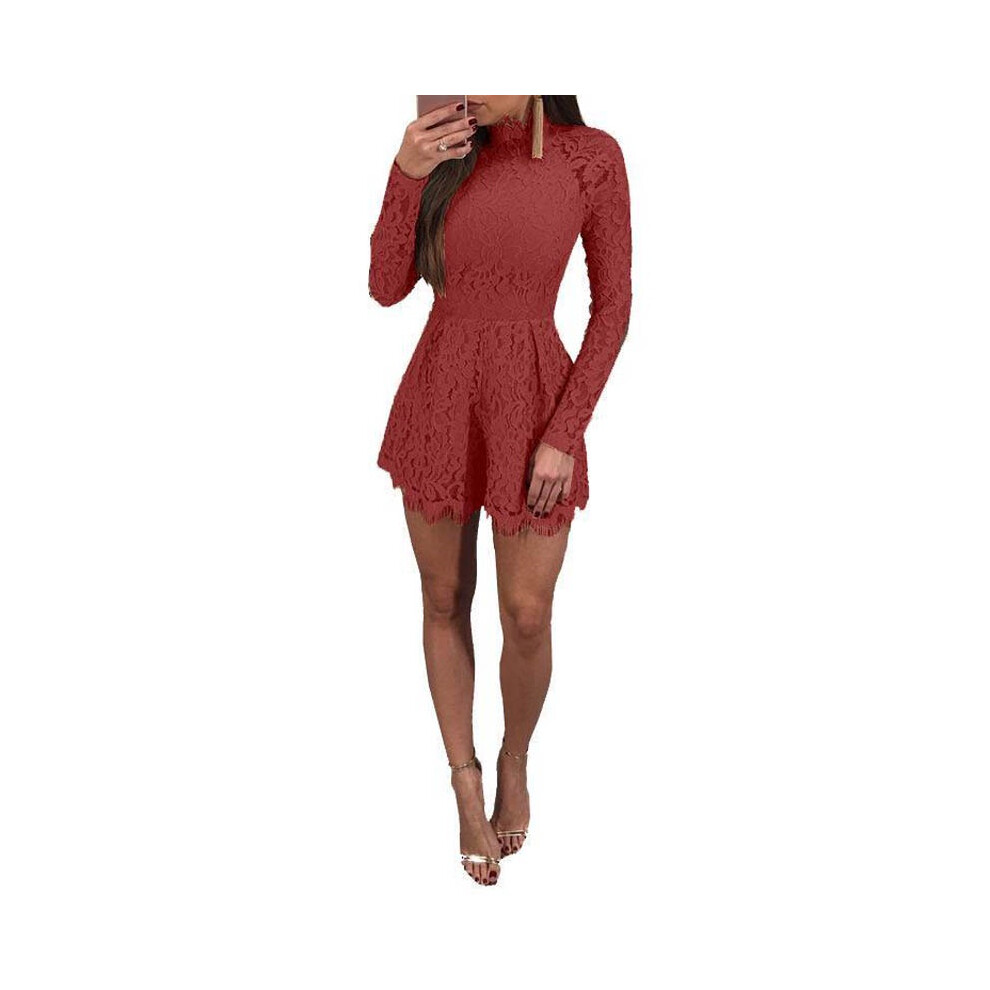 (Red, Tag XL=US M) Elegant Womens Fashion Casual Romper Dress Lace Long Sleeve Jumpsuit Short Sexy-image-OPC-PH5GSNP-NEW