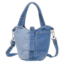 (Blue) Crossbody Trendy Denim Bag Denim Splicing Bucket Bag Breathable Using With