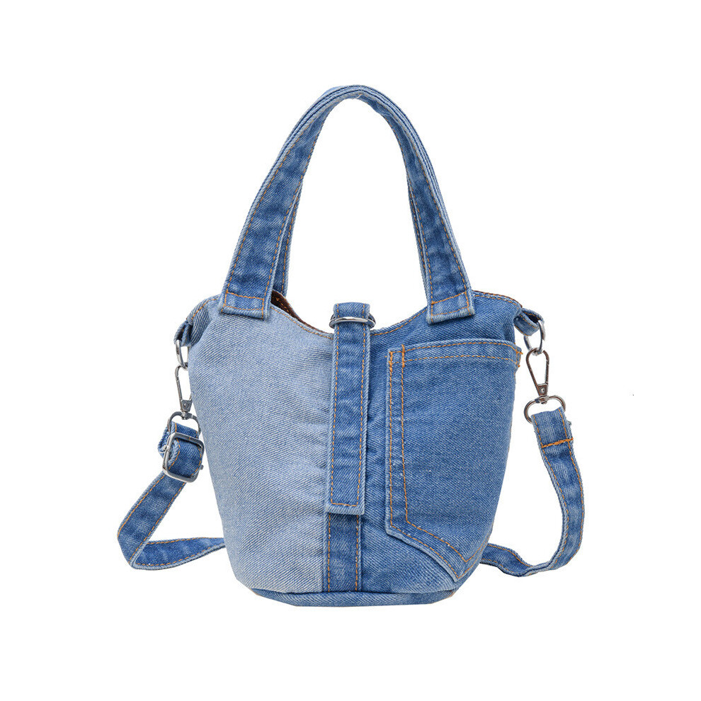 (Blue) Crossbody Trendy Denim Bag Denim Splicing Bucket Bag Breathable Using With