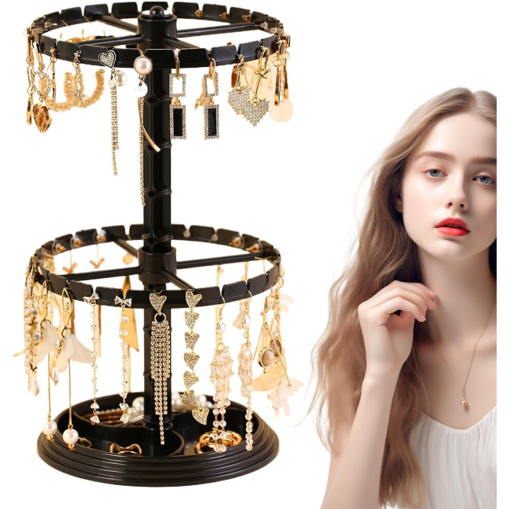 Earring Display Stands | Earring Holder Organizer with Rotating Base - Stable 2 Tier Jewelry Stand with Ring Tray for Bracelets, Necklaces, Rings