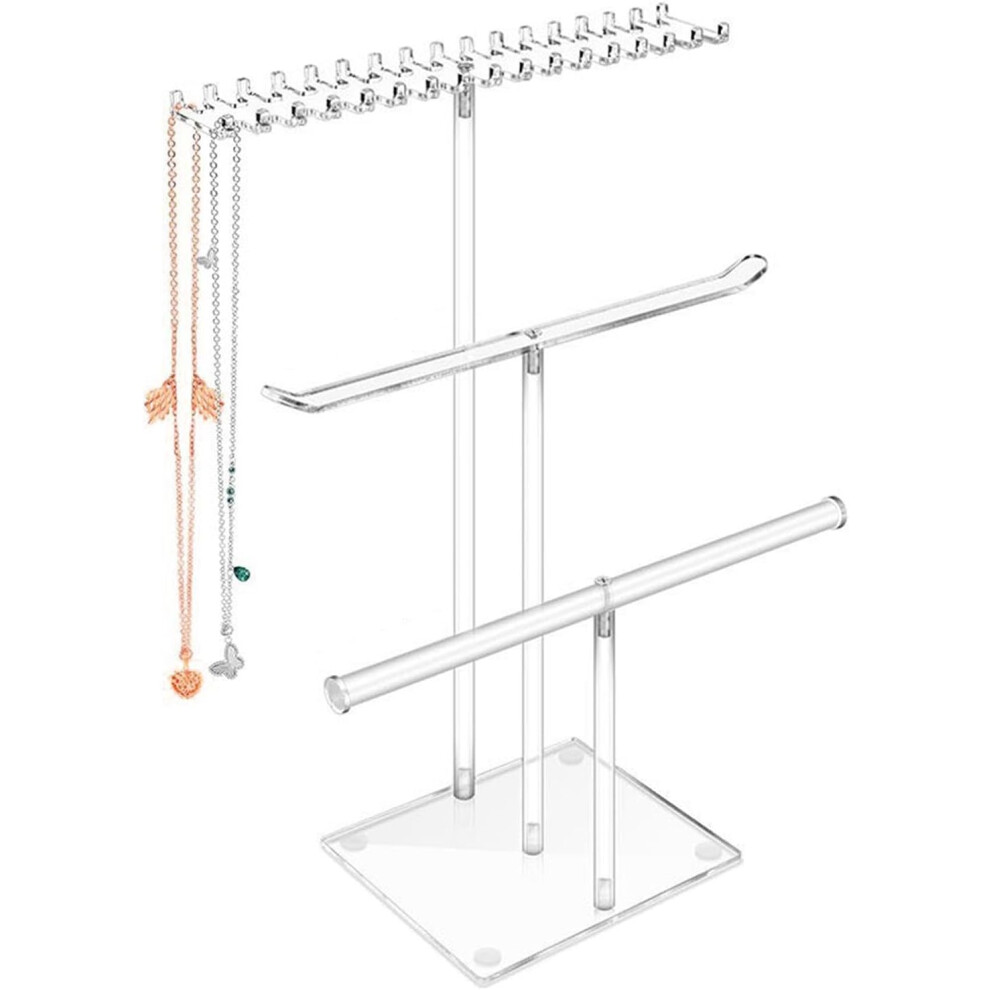 3 Layer Jewelry Display - Clear Acrylic T-Bar Necklace Holder Organizer - Aesthetic Jewelry Tower Rack for Bracelets Earrings Rings, Jewelry Storage