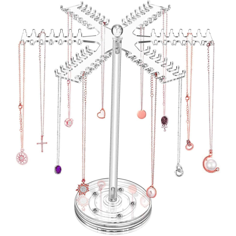 Rotating Jewelry Organizer,Clear Necklace Display Stand Ring Necklace Holder - Jewelry Display Rack with 84 Hooks for Chains Earrings Pendants