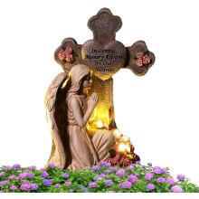(Cream-coloured) Angel Garden Statue, Memory Angel with Warm Light as Grave Decoration - Grave Decoration Cemetery Monument for Garden, Lawn and Patio