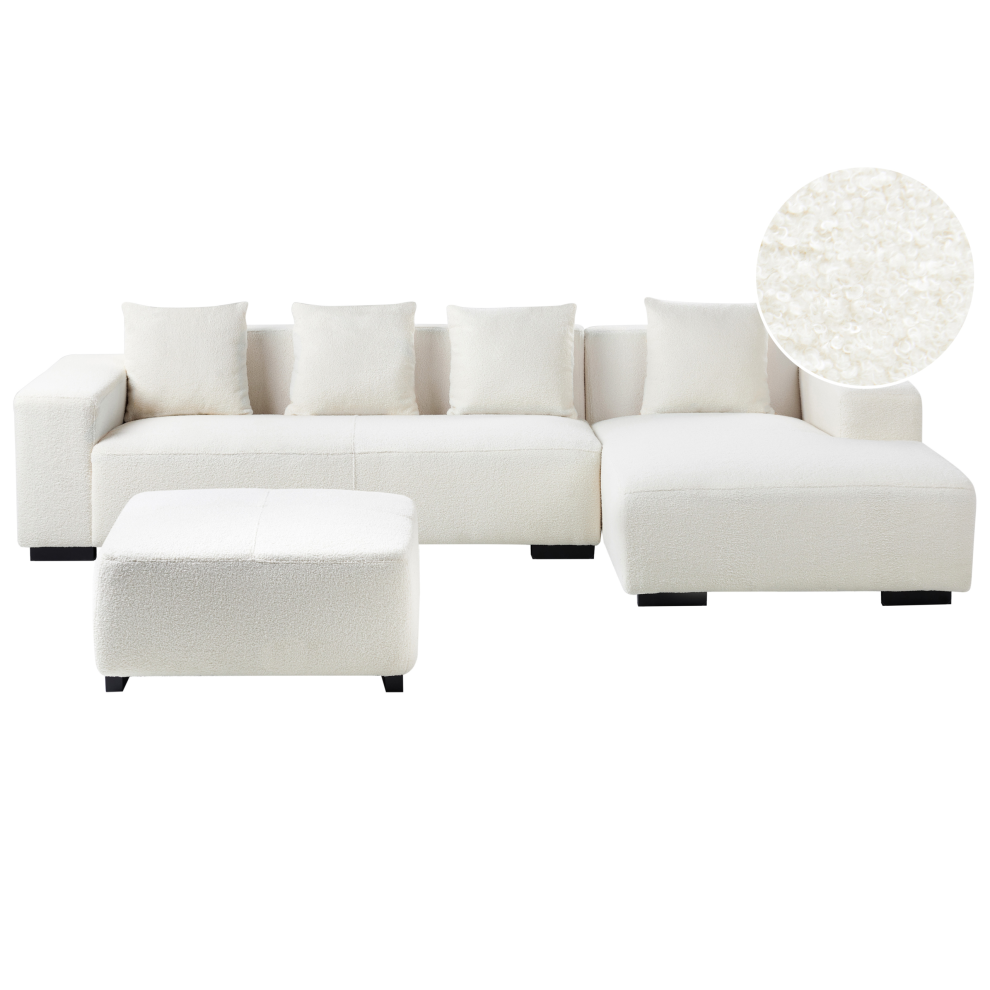 Left Hand Boucle Corner Sofa with Ottoman White LUNGO