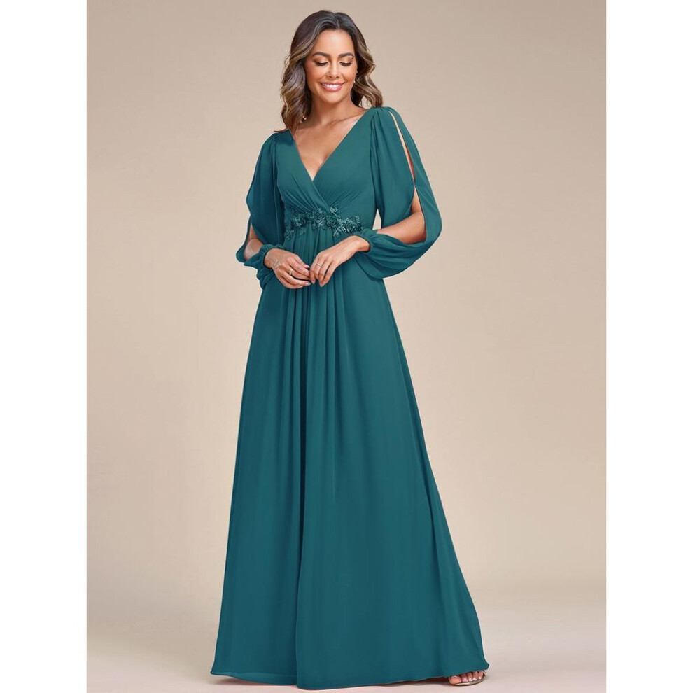 (teal, L) Ever-pretty Women&apos;s Floor Length Long Lantern Sleeves Evening Dresses Chiffon  Deep V Neck Applique  Wedding Guest Dress