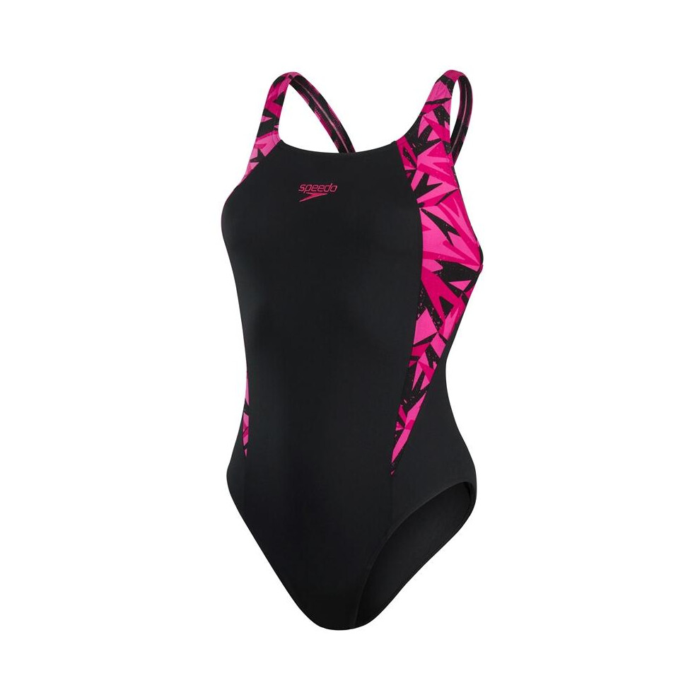 (12 UK, Black/Pink) Speedo Womens/Ladies Boom Muscleback Logo One Piece Swimsuit