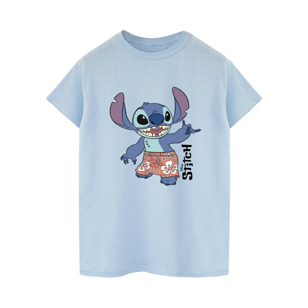 (L, Baby Blue) Disney Womens/Ladies Lilo & Stitch Bermuda Shorts Cotton Boyfriend T-Shirt