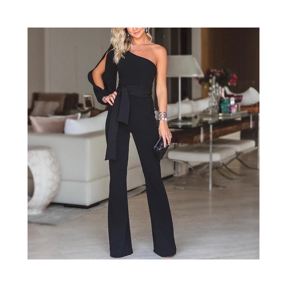 (Black, L?Tag L=US S?) Waist Tied Women Flared Jumpsuits Fashion One Shoulder Jumpsuits Sexy Rompers-image-OPC-PH5K98Q-NEW