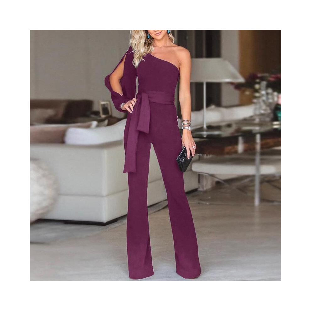 (Purple, XL?Tag XL=US M?) Waist Tied Women Flared Jumpsuits Fashion One Shoulder Jumpsuits Sexy Rompers-image-OPC-PH5K98W-NEW