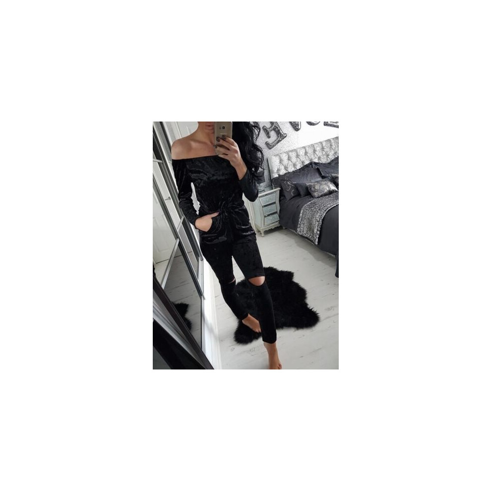 (Black, S) Women New Crushed Velvet Lounge Tracksuit Off Shoulder Slit Jumpsuit Knee Romper-image-OPC-PH5KB22-NEW