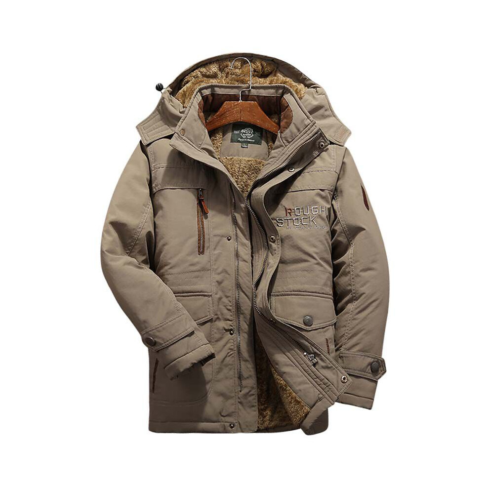 (Khaki, 4XL) Mens Warm Winter Thick Fur Lined Hooded Jacket Zipper Bomber Parka Coat Military