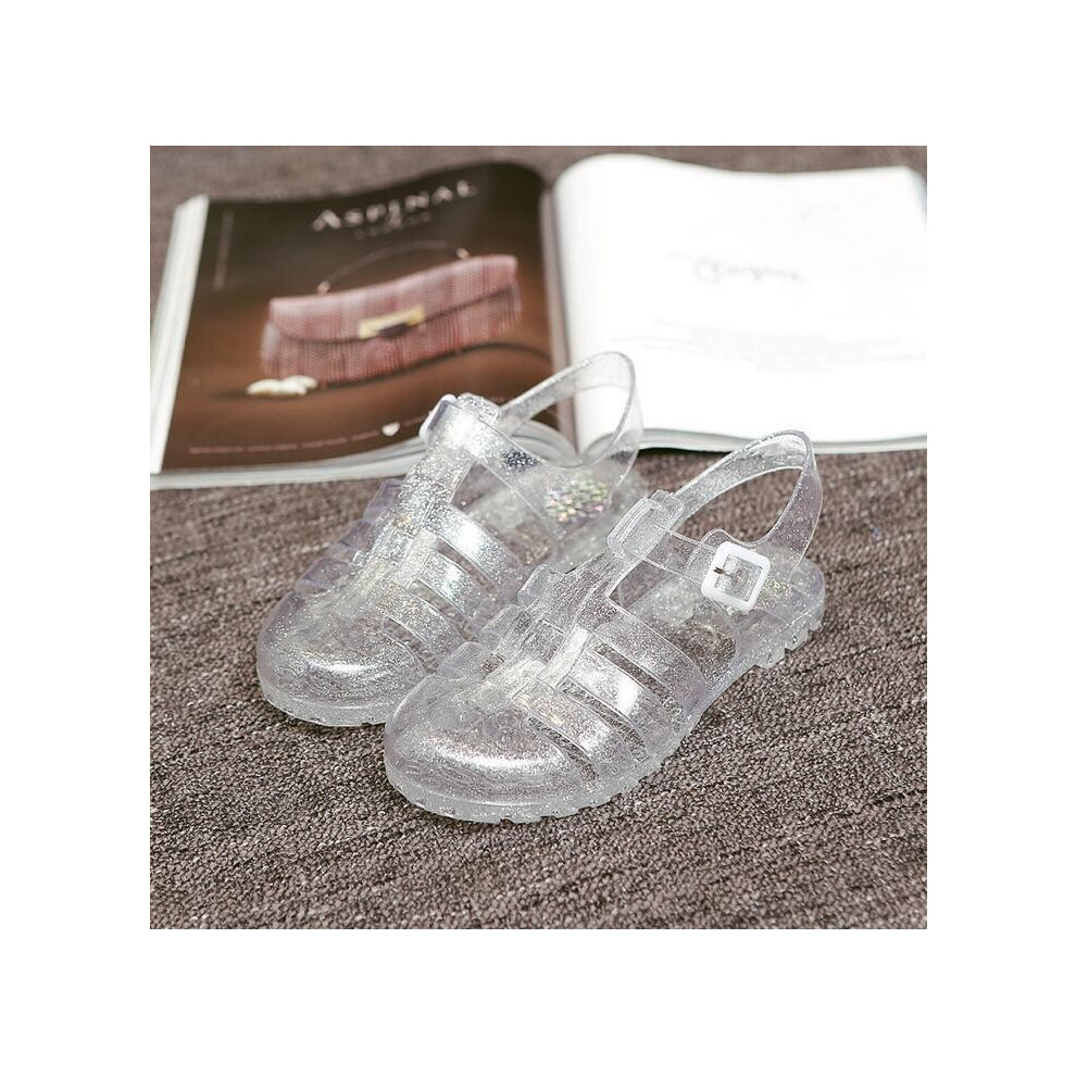 (Silver, EU38) Retro Womens Buckle Flat Heel Casual Summer Beach Sandals Jelly Shoes Wear Cool