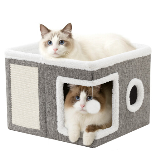 Cat House for Indoor Pets 2 Layer Large cat cave with Scratch Board