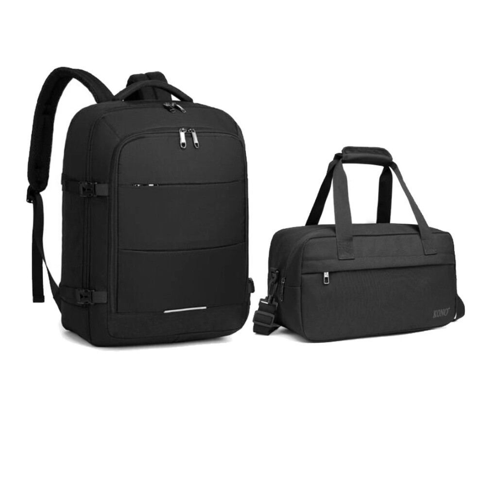 (Black) Carry On 30L Backpack Cabin Bag Hand Luggage Shoulder Bag+Holdall Bag 2pcs Set