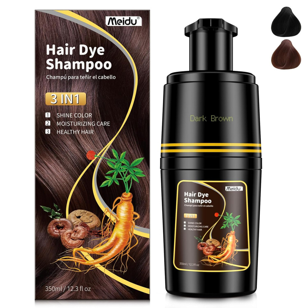 MEIDU Dark Brown Hair Dye Shampoo for Men & Women 350mL | 3 in 1 Natural Herbal Hair Color, Gray Hair Coverage, Long-Lasting & Easy to Use