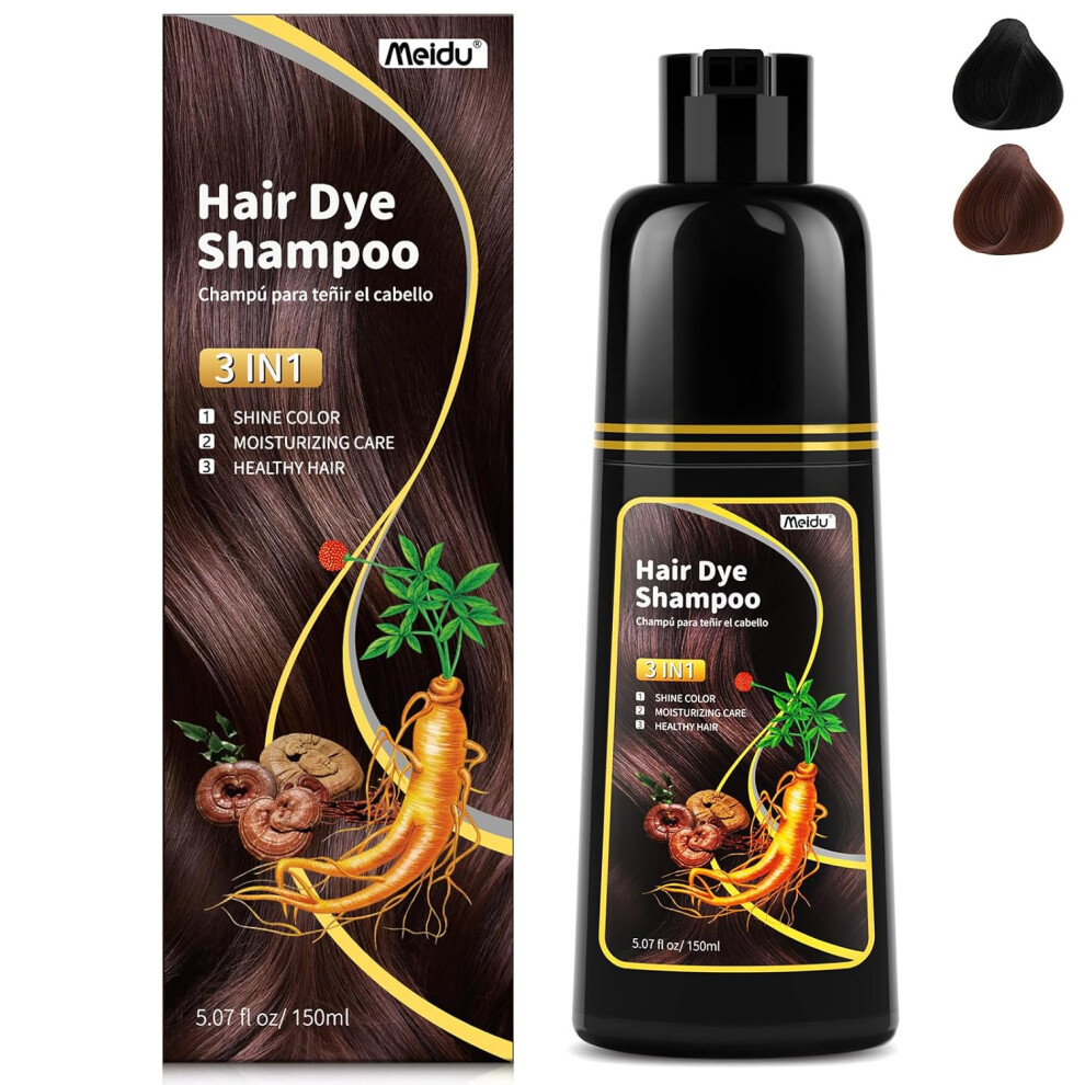 MEIDU Dark Brown Hair Dye Shampoo for Men & Women 150mL | 3 in 1 Herbal Hair Color, Natural Gray Hair Coverage, Easy to Use, Travel Size Bottle