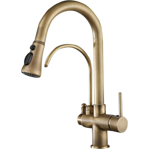 (A) 3 Way Kitchen Tap Antique with Pull Out Spray Brass Swivel 3 Way Kitchen Taps