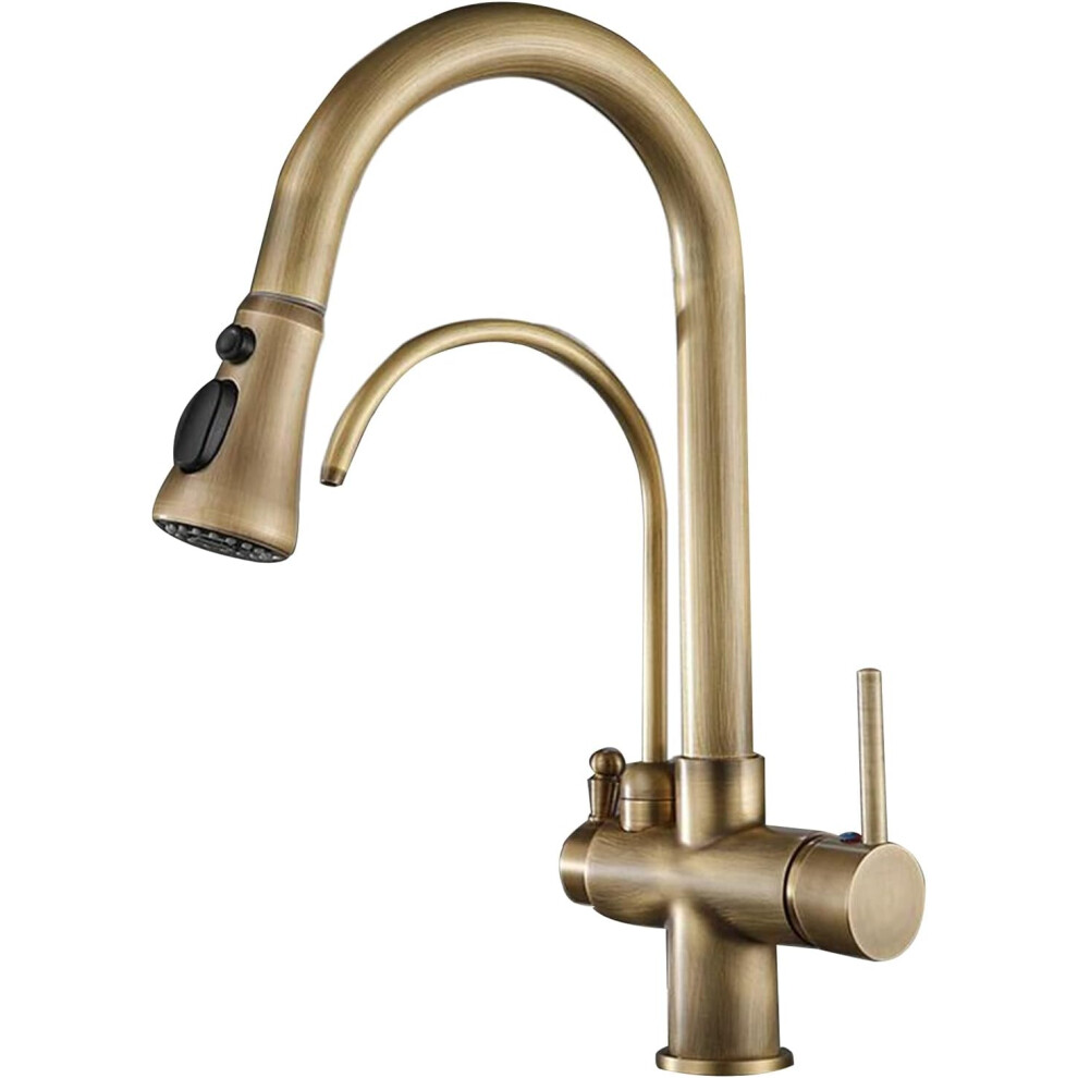 (A) 3 Way Kitchen Tap Antique with Pull Out Spray Brass Swivel 3 Way Kitchen Taps