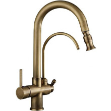 (B) 3 Way Kitchen Tap Antique with Pull Out Spray Brass Swivel 3 Way Kitchen Taps