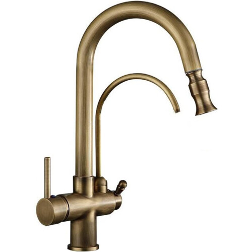 (B) 3 Way Kitchen Tap Antique with Pull Out Spray Brass Swivel 3 Way Kitchen Taps