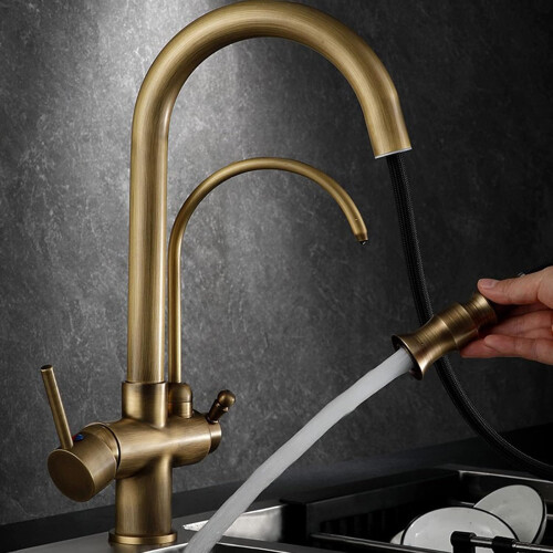 (B) 3 Way Kitchen Tap Antique with Pull Out Spray Brass Swivel 3 Way Kitchen Taps 1