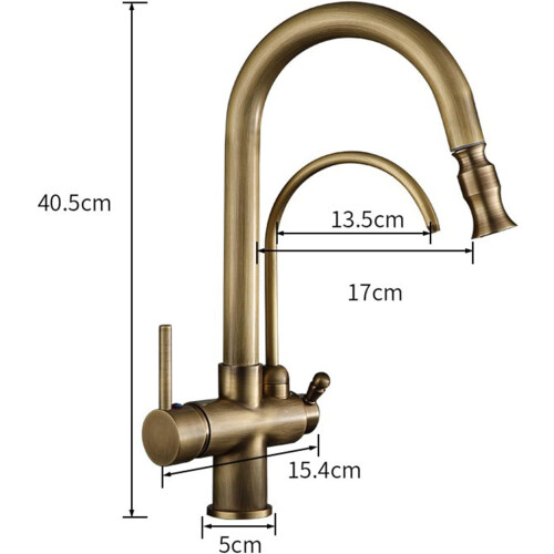 (B) 3 Way Kitchen Tap Antique with Pull Out Spray Brass Swivel 3 Way Kitchen Taps 2