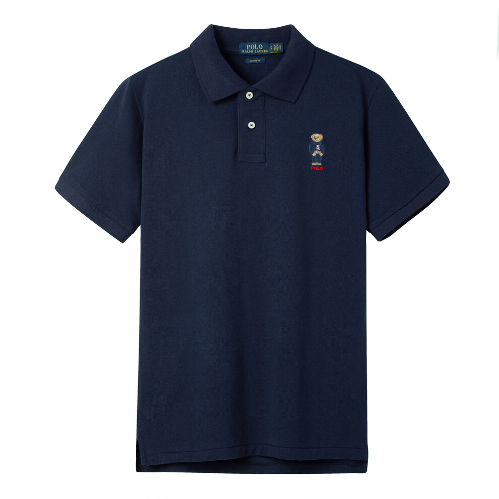 (Navy & white, L) Mens Custom Shirt Cotton Short Sleeve little bear Polo Top