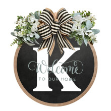 (K, Small) 26 Letter Farmhouse Sign Wreath Round Hang Tag Bow Wooden Pendant Home Decoration Door Hanging