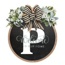 (P, Large) 26 Letter Farmhouse Sign Wreath Round Hang Tag Bow Wooden Pendant Home Decoration Door Hanging