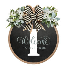 (I, Small) 26 Letter Farmhouse Sign Wreath Round Hang Tag Bow Wooden Pendant Home Decoration Door Hanging
