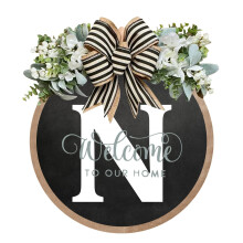 (N, Large) 26 Letter Farmhouse Sign Wreath Round Hang Tag Bow Wooden Pendant Home Decoration Door Hanging