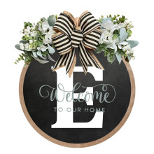 (E, Large) 26 Letter Farmhouse Sign Wreath Round Hang Tag Bow Wooden Pendant Home Decoration Door Hanging