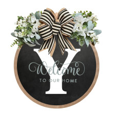 (Y, Small) 26 Letter Farmhouse Sign Wreath Round Hang Tag Bow Wooden Pendant Home Decoration Door Hanging