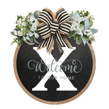 (X, Small) 26 Letter Farmhouse Sign Wreath Round Hang Tag Bow Wooden Pendant Home Decoration Door Hanging