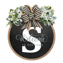 (S, Small) 26 Letter Farmhouse Sign Wreath Round Hang Tag Bow Wooden Pendant Home Decoration Door Hanging