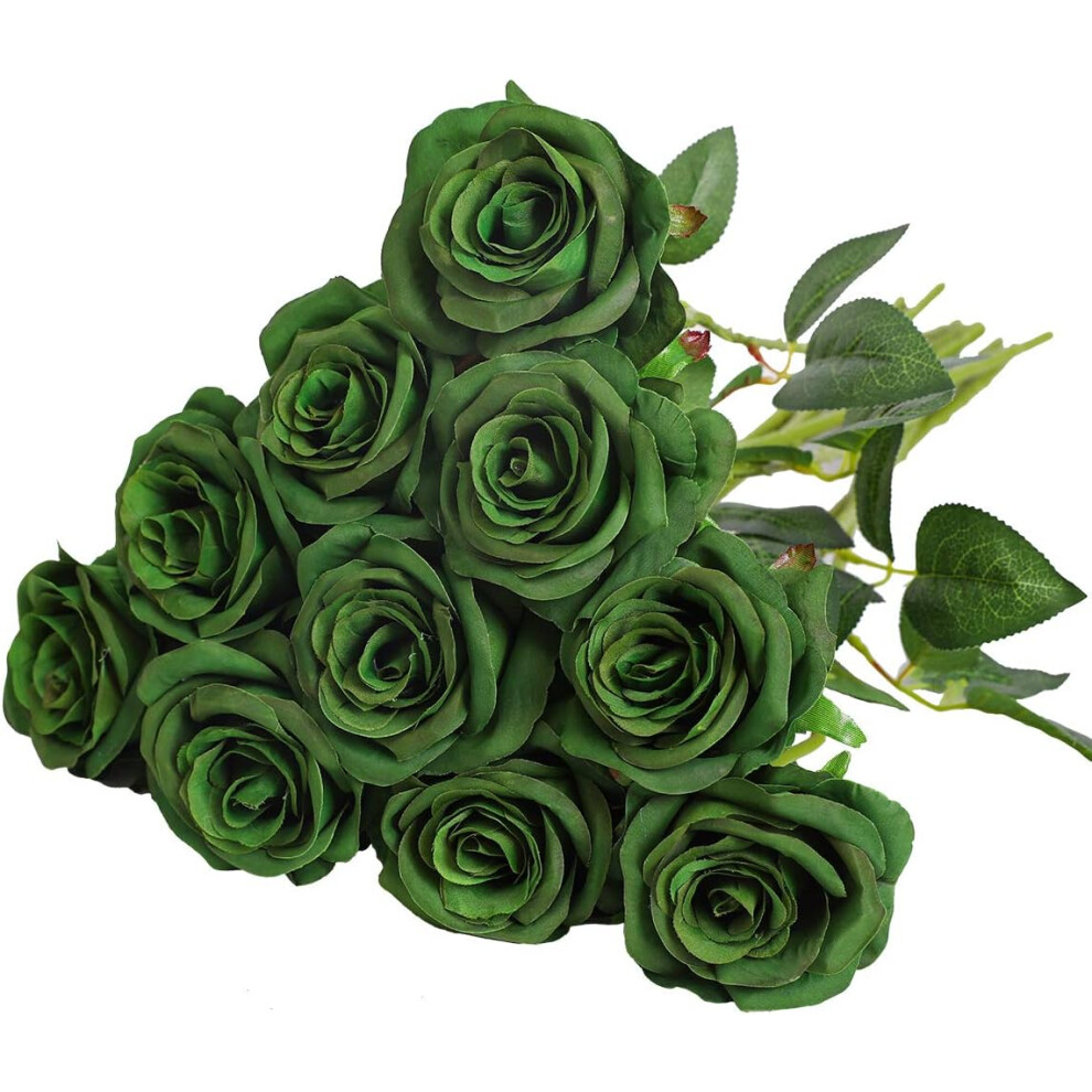 Five Leaf (Dark Green) Artificial Silk Rose Flower Single Stem Lifelike Fake Rose For Wedding Bouquet Floral Arrangements Home Party Centerpiece Decoration, 10P