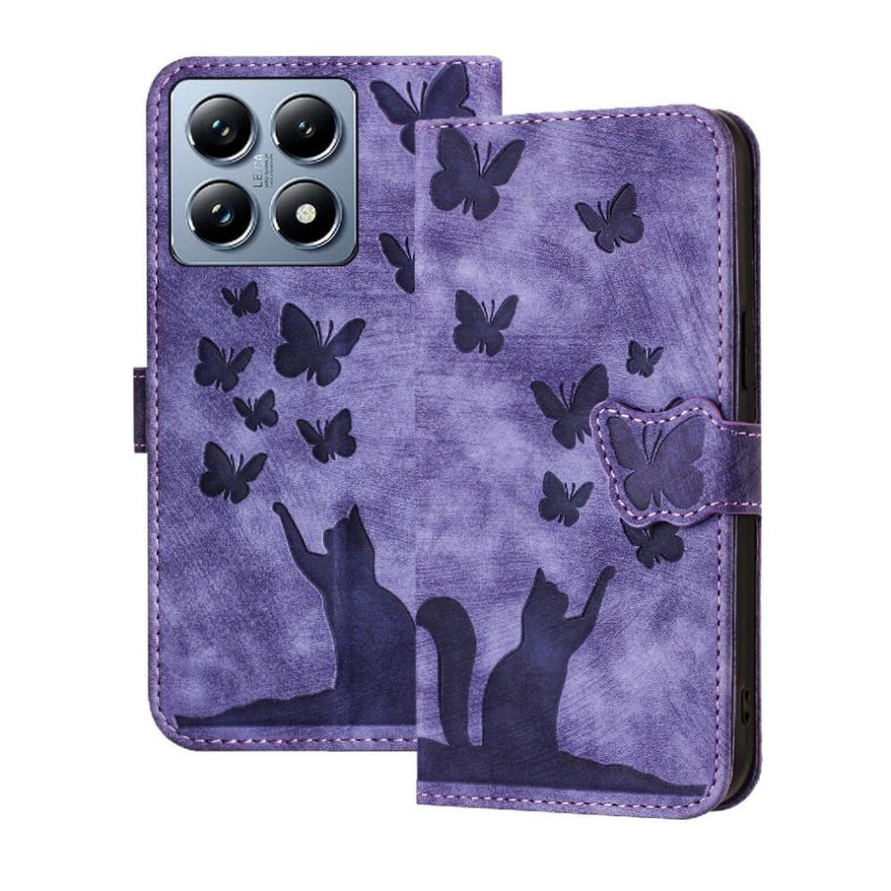 (Purple) Flip Case For Xiaomi 14T 5G Wallet Case Card Pocket Embossed Butterfly Cat Flip Folio Holder Cover Purple 764563459308