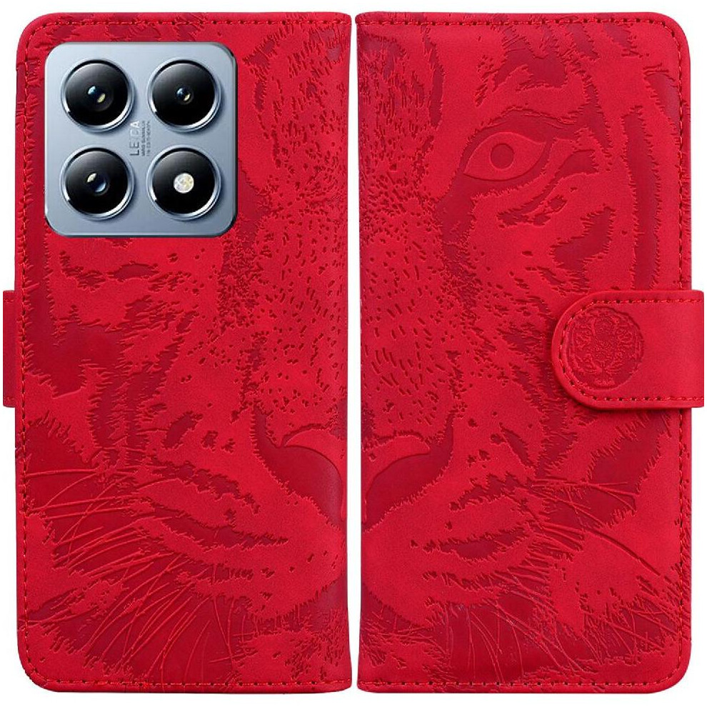 (Red) Flip Case For Xiaomi 14T 5G Kickstand Protective Leather Wallet Embossed Cute Tiger Red 764563460298